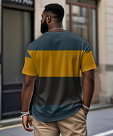 Big & Tall Men's Blue Triple Color Geometric Print Henry Collar Button Short Sleeve T-Shirt